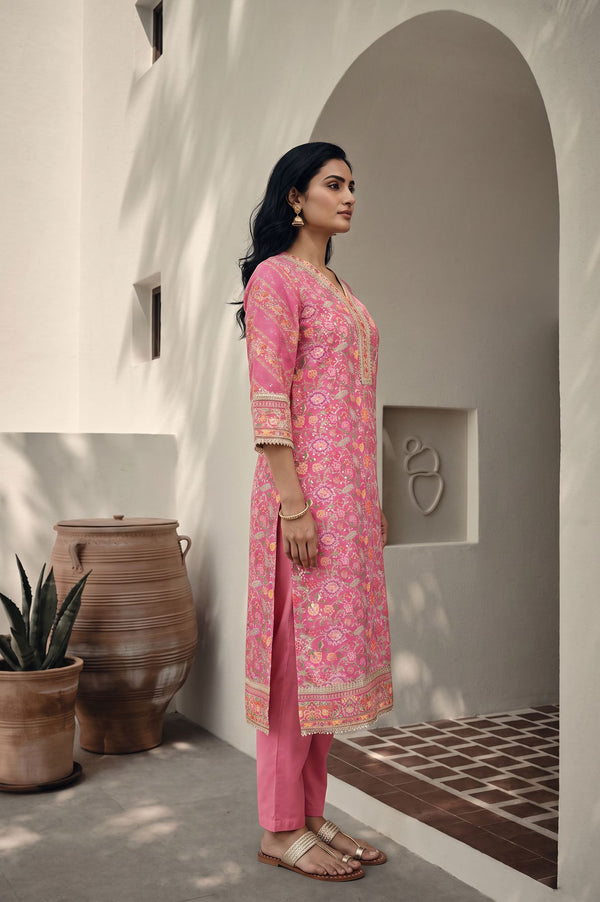 Pink Floral Printed Sequins Silk Straight Kurta