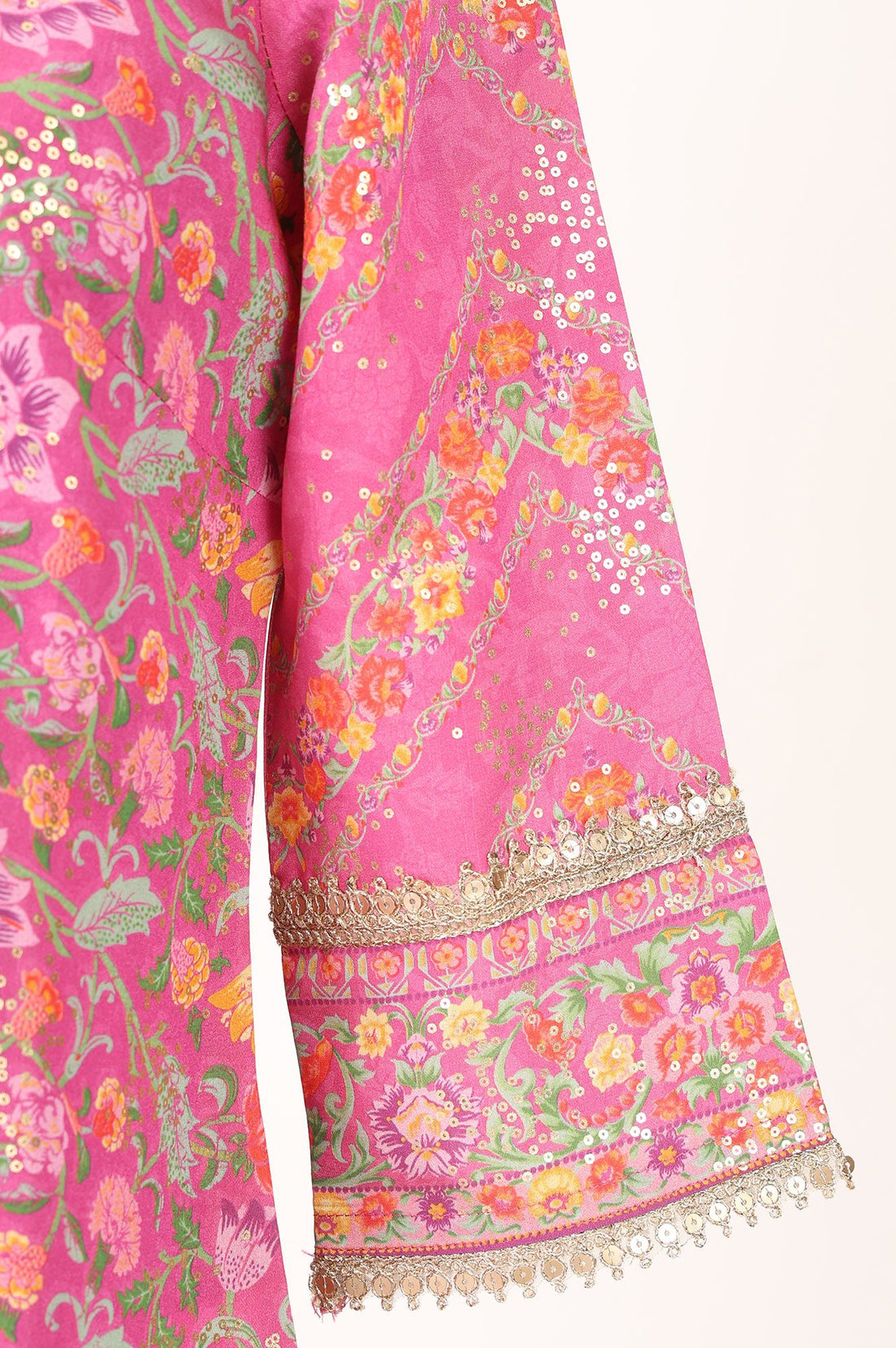 Pink Floral Printed Sequins Silk Straight Kurta