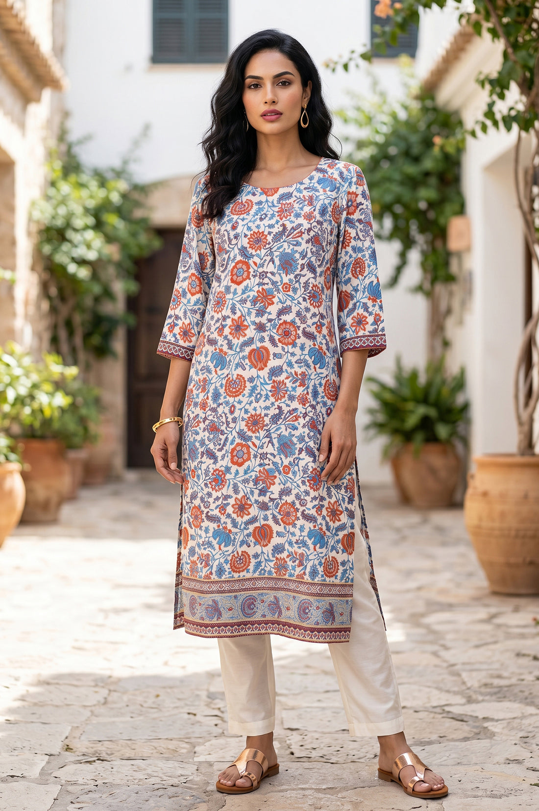 Off White Floral Printed Rayon Straight Kurta