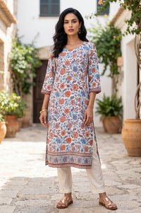 Off White Floral Printed Rayon Straight Kurta