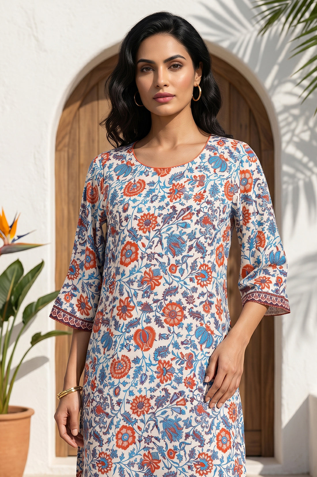 Off White Floral Printed Rayon Straight Kurta