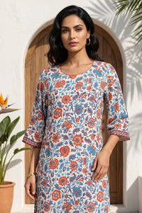 Off White Floral Printed Rayon Straight Kurta