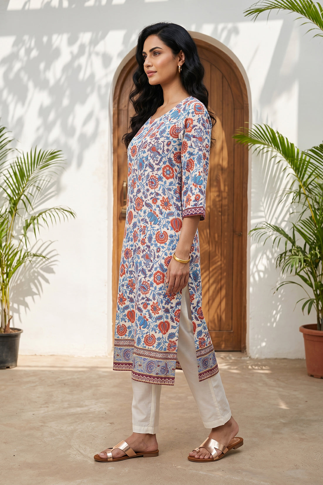 Off White Floral Printed Rayon Straight Kurta