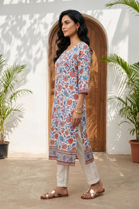 Off White Floral Printed Rayon Straight Kurta