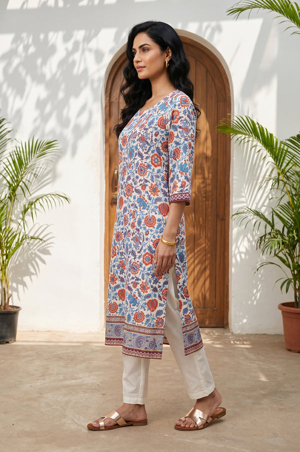 Off White Floral Printed Rayon Straight Kurta