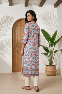 Off White Floral Printed Rayon Straight Kurta