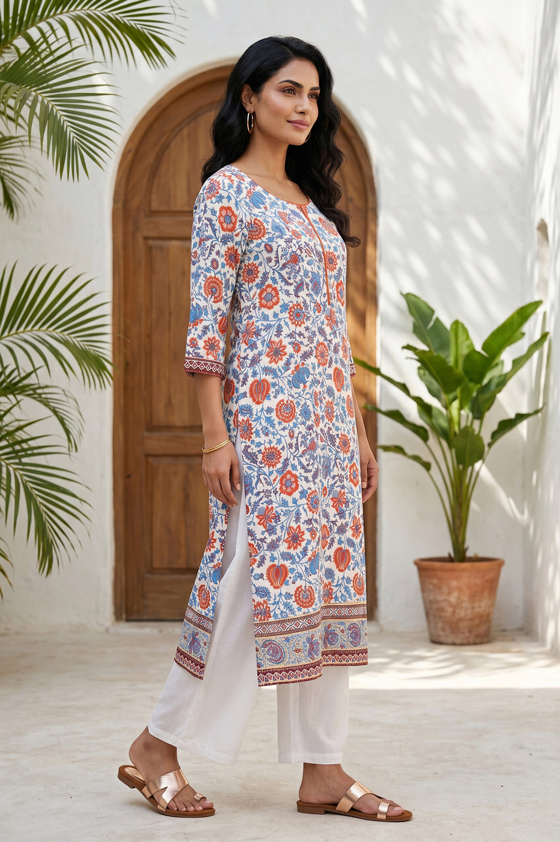 Off White Floral Printed Rayon Straight Kurta