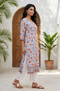Off White Floral Printed Rayon Straight Kurta