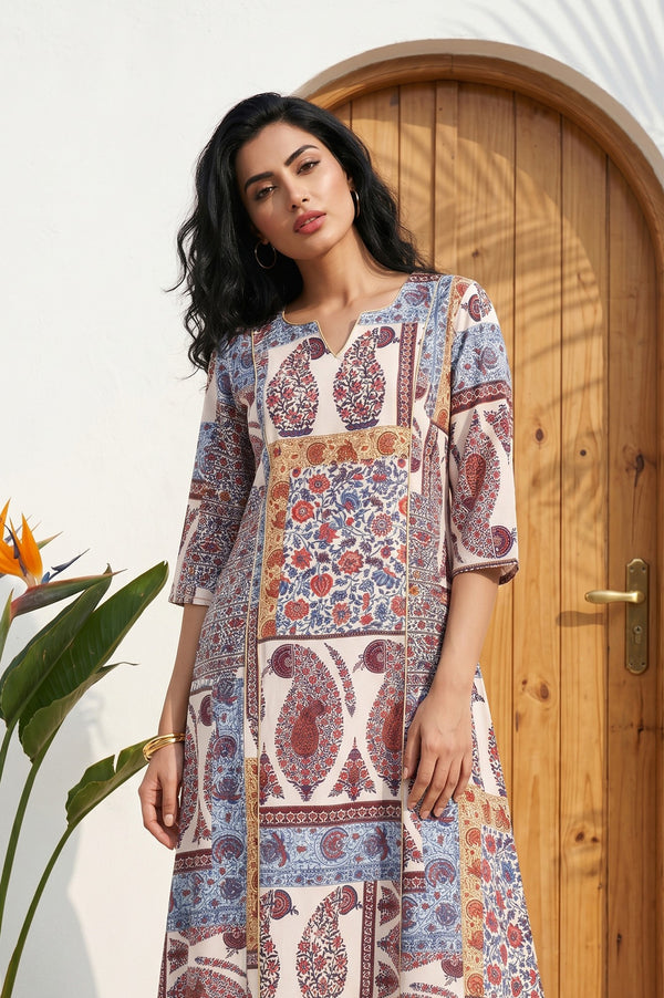Off White Ethnic Motifs Rayon A-line Kurta