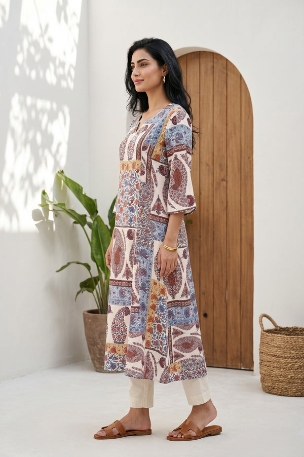 Off White Ethnic Motifs Rayon A-line Kurta