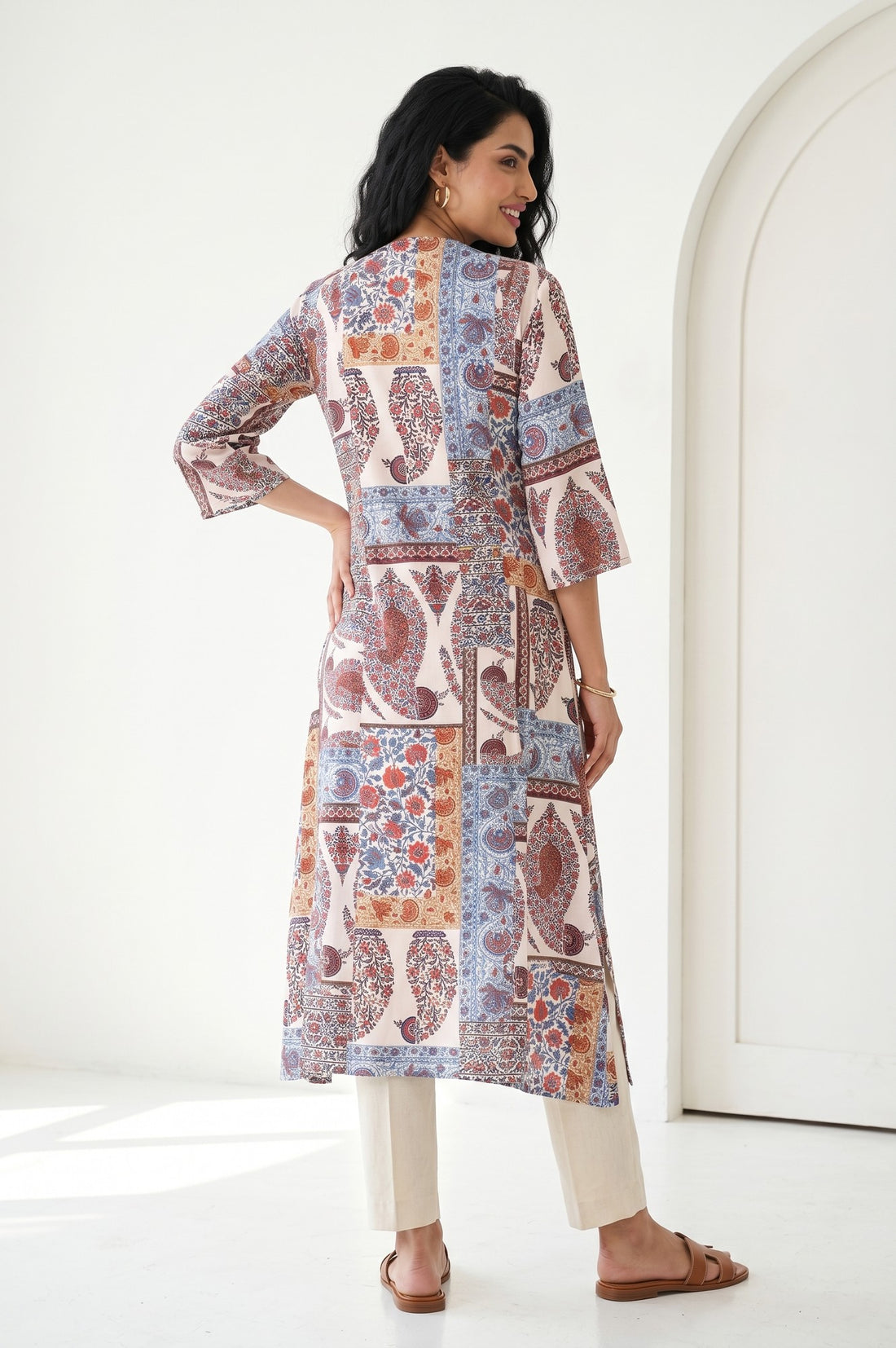 Off White Ethnic Motifs Rayon A-line Kurta