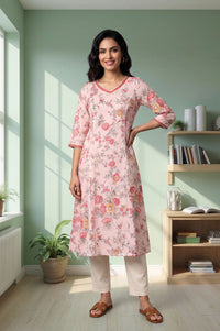 Pink Floral Printed Pure Cotton A-line Kurta