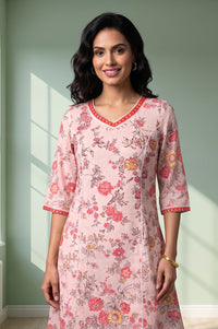 Pink Floral Printed Pure Cotton A-line Kurta