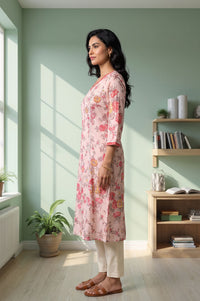 Pink Floral Printed Pure Cotton A-line Kurta