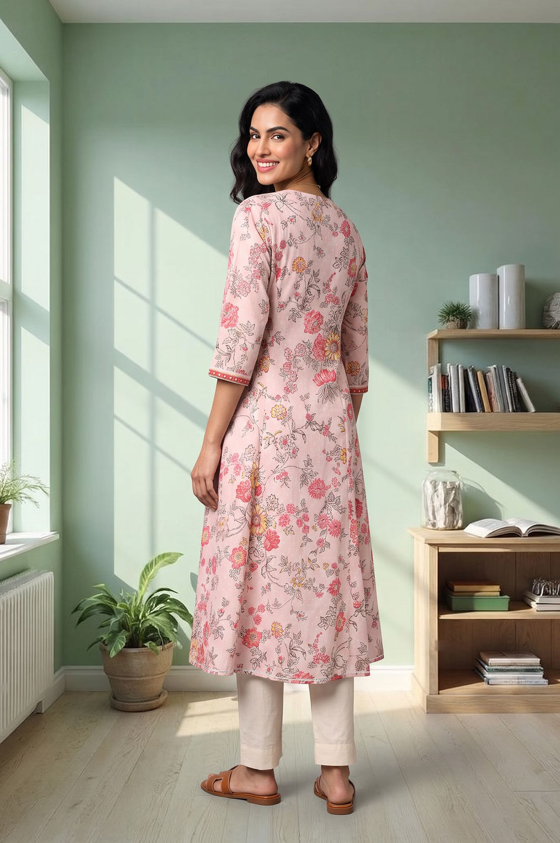 Pink Floral Printed Pure Cotton A-line Kurta