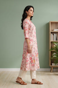 Pink Floral Printed Pure Cotton A-line Kurta