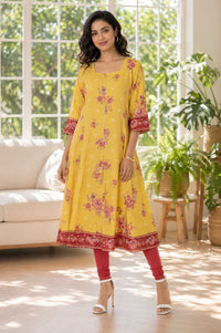 Yellow Floral Printed Rayon Flared Kurta