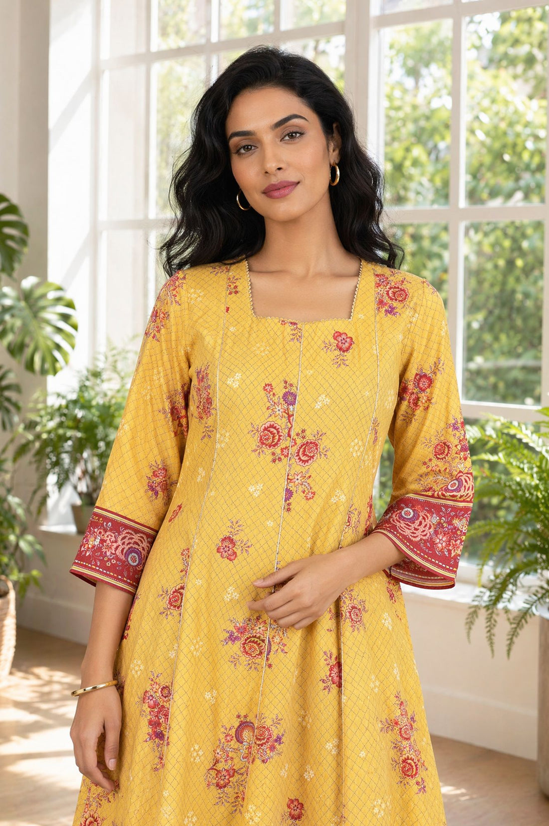 Yellow Floral Printed Rayon Flared Kurta