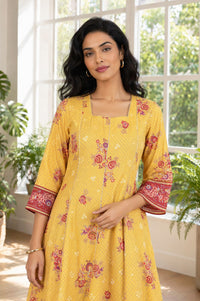 Yellow Floral Printed Rayon Flared Kurta