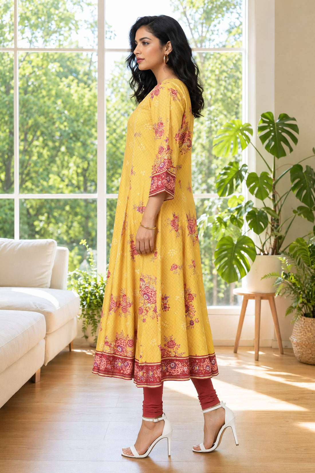 Yellow Floral Printed Rayon Flared Kurta