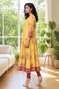 Yellow Floral Printed Rayon Flared Kurta
