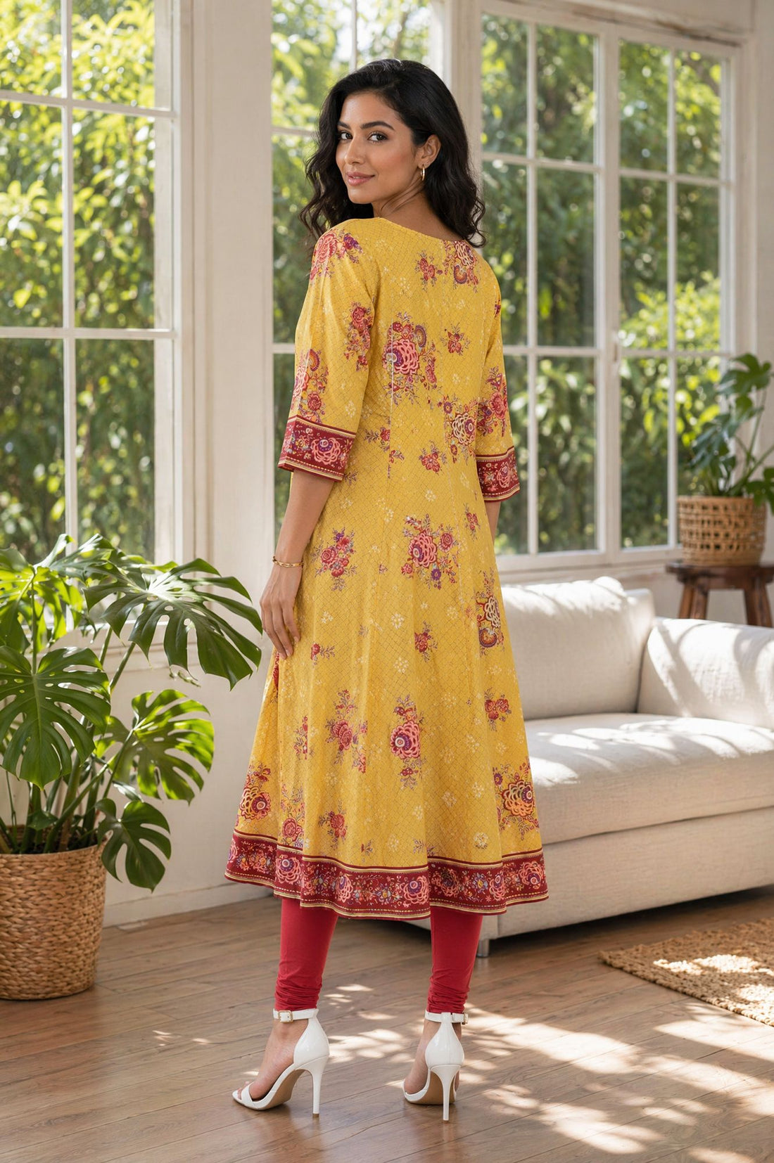 Yellow Floral Printed Rayon Flared Kurta