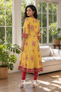 Yellow Floral Printed Rayon Flared Kurta