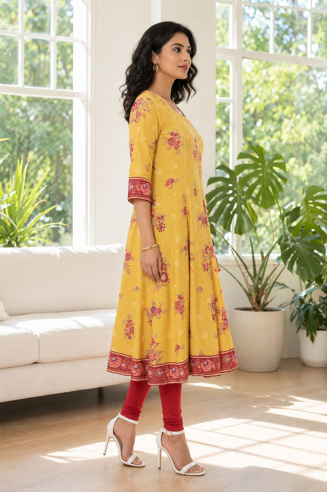 Yellow Floral Printed Rayon Flared Kurta