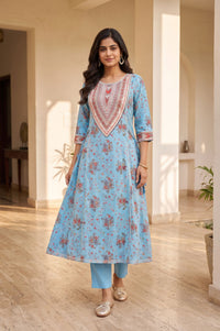 Blue Floral Printed Fusion Lurex Buta A-line Kurta
