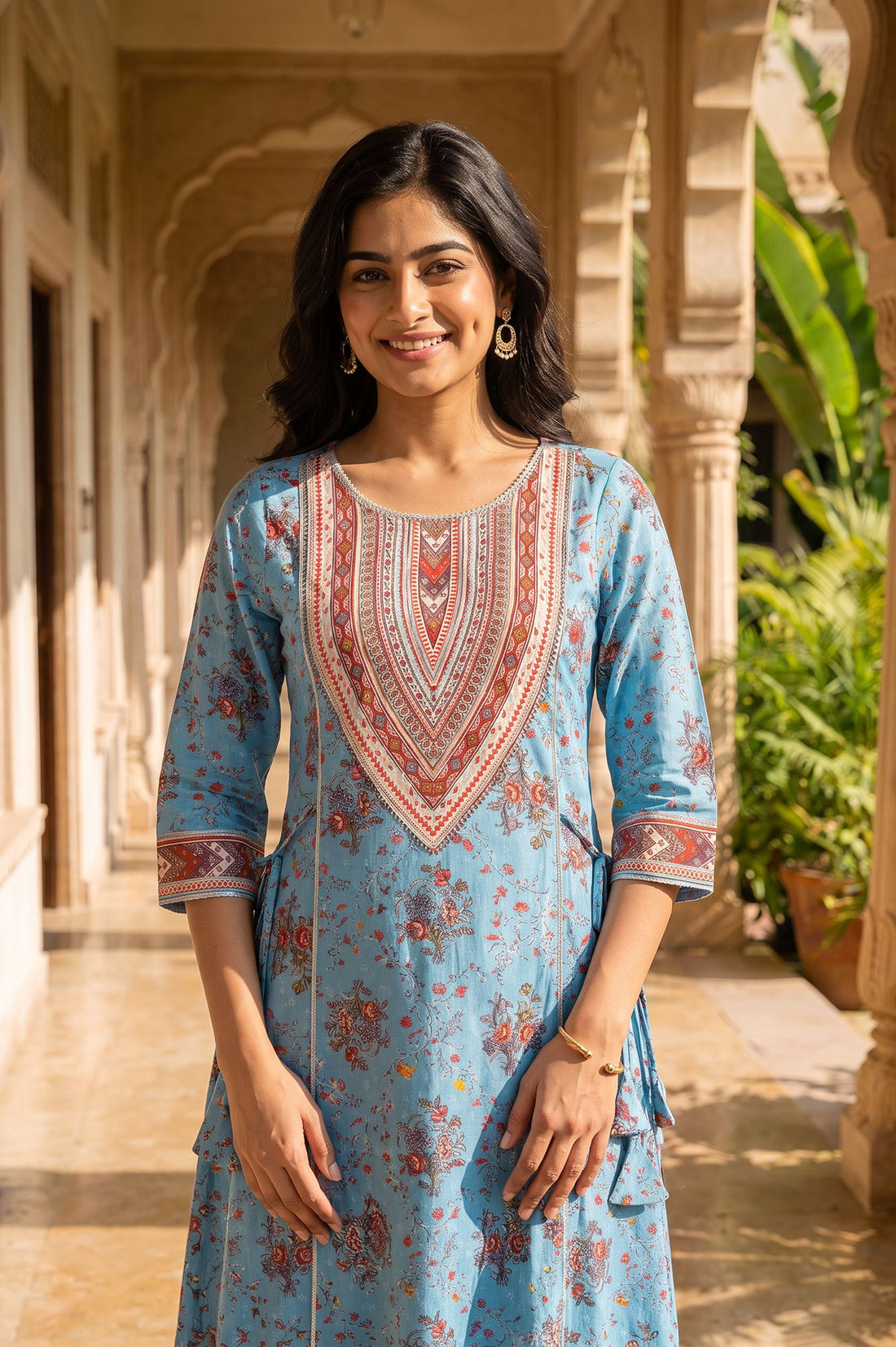 Blue Floral Printed Fusion Lurex Buta A-line Kurta