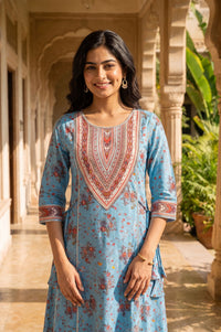 Blue Floral Printed Fusion Lurex Buta A-line Kurta