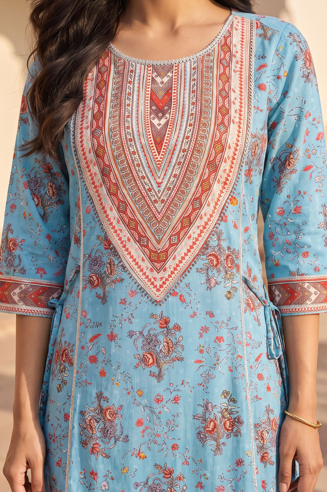 Blue Floral Printed Fusion Lurex Buta A-line Kurta