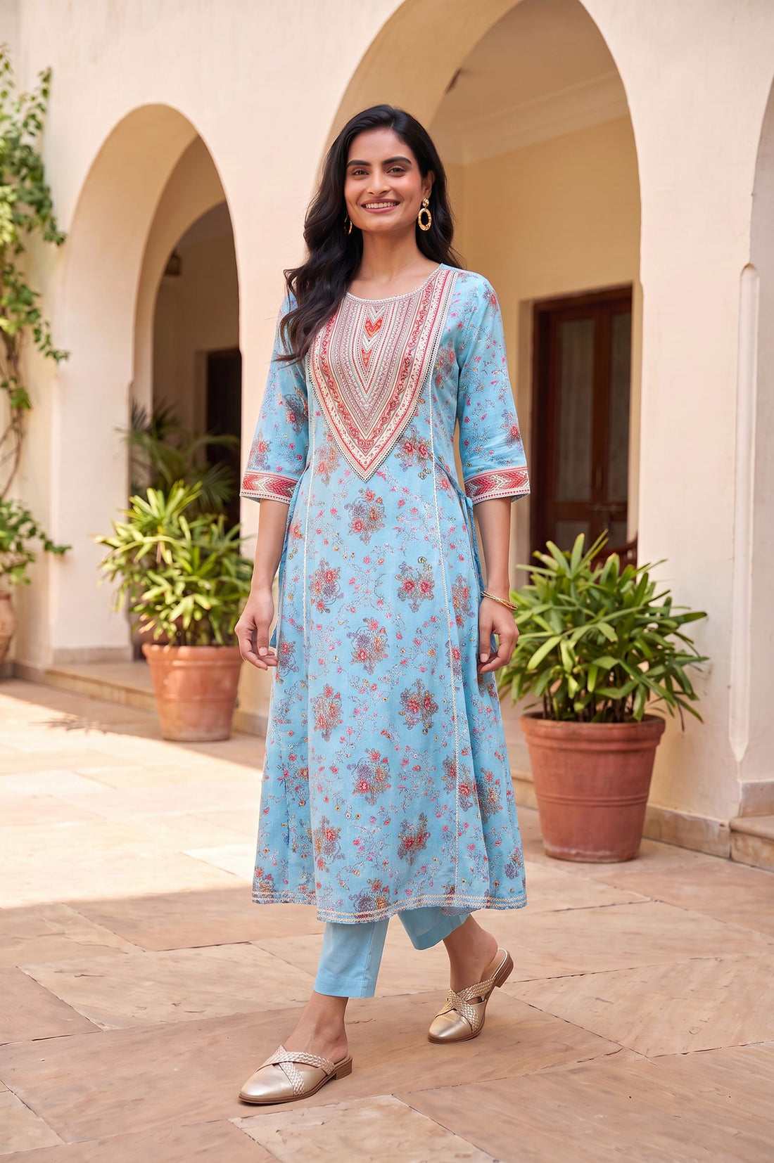 Blue Floral Printed Fusion Lurex Buta A-line Kurta