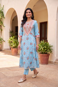 Blue Floral Printed Fusion Lurex Buta A-line Kurta