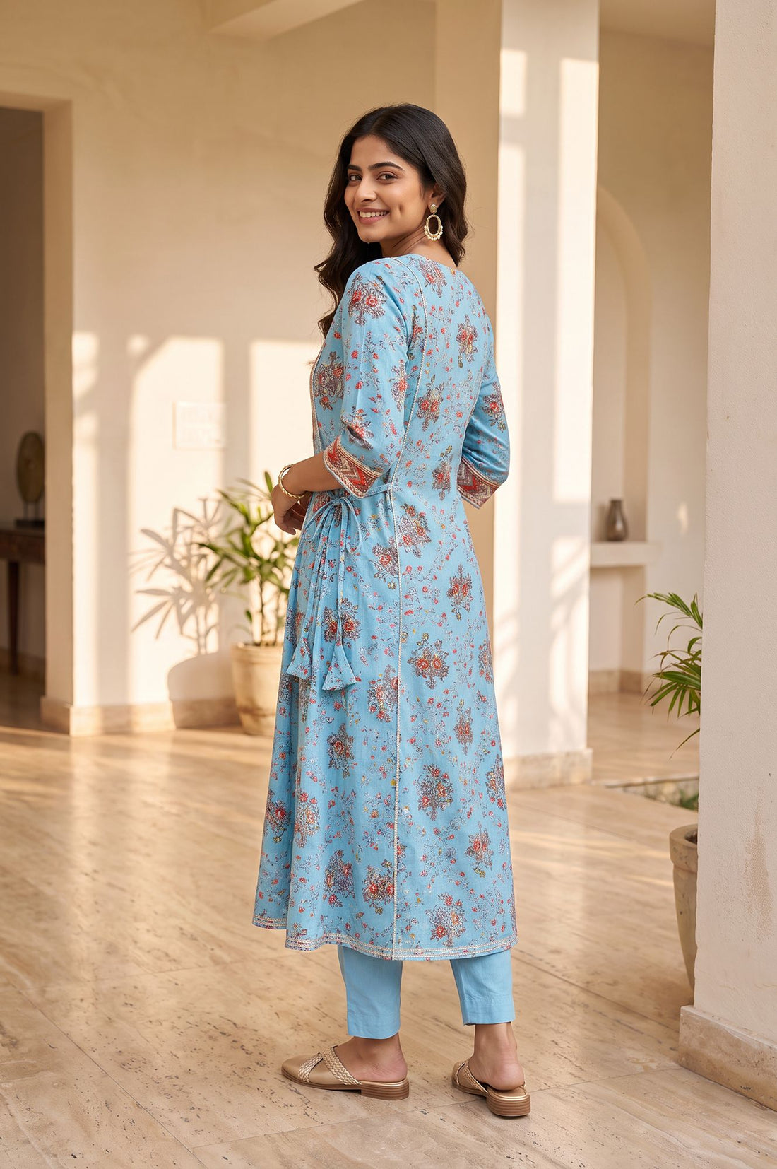 Blue Floral Printed Fusion Lurex Buta A-line Kurta