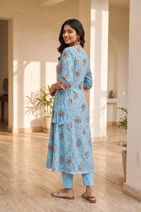 Blue Floral Printed Fusion Lurex Buta A-line Kurta