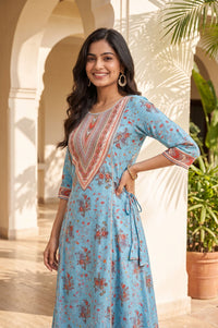 Blue Floral Printed Fusion Lurex Buta A-line Kurta