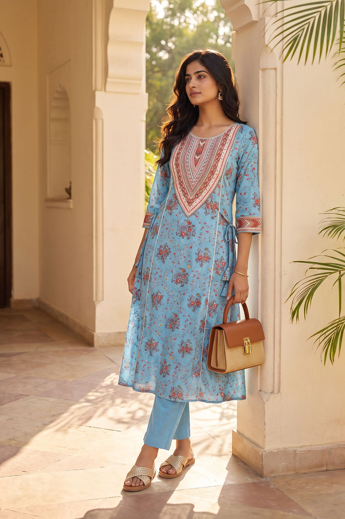 Blue Floral Printed Fusion Lurex Buta A-line Kurta