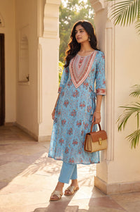 Blue Floral Printed Fusion Lurex Buta A-line Kurta