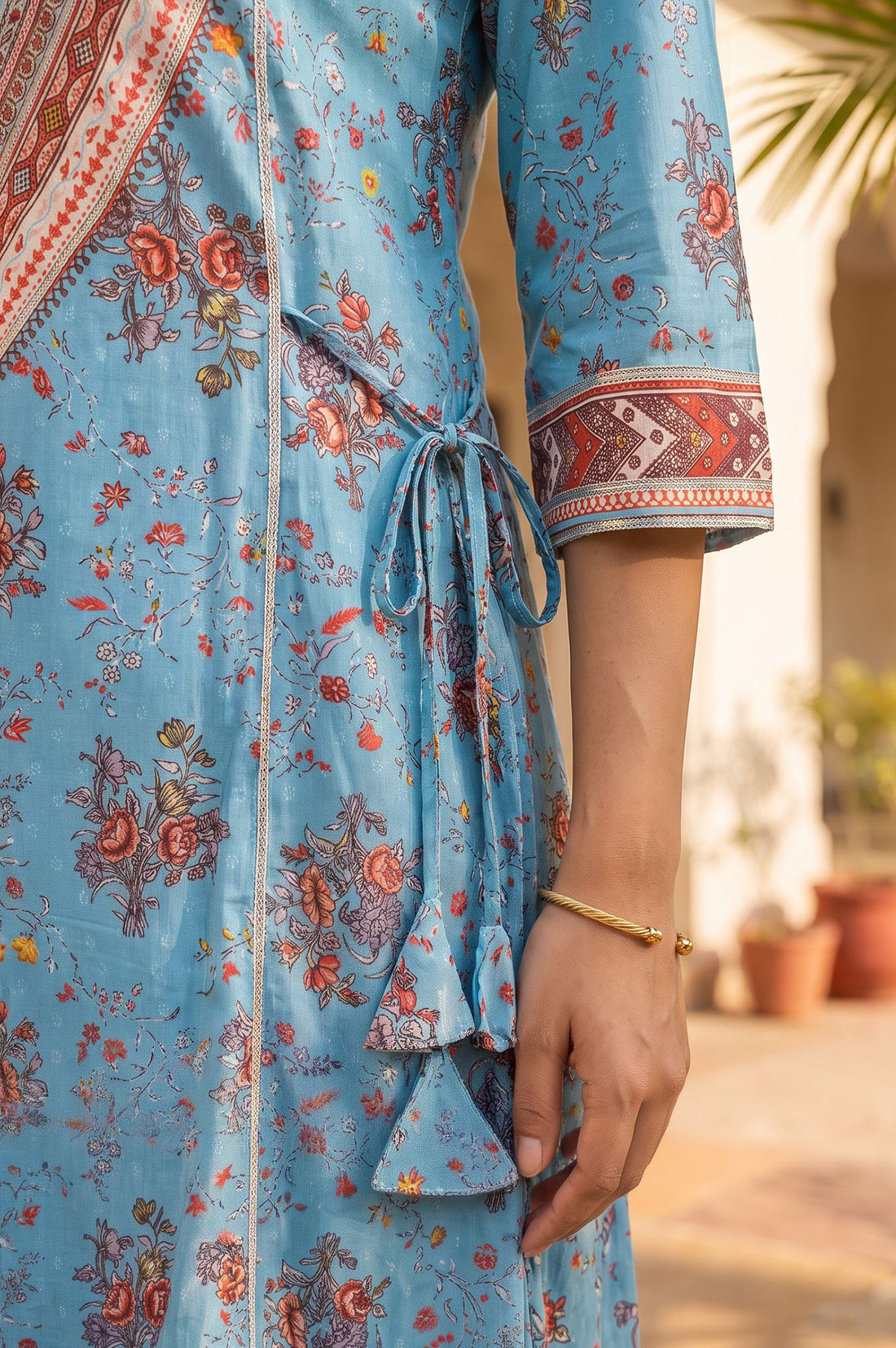 Blue Floral Printed Fusion Lurex Buta A-line Kurta