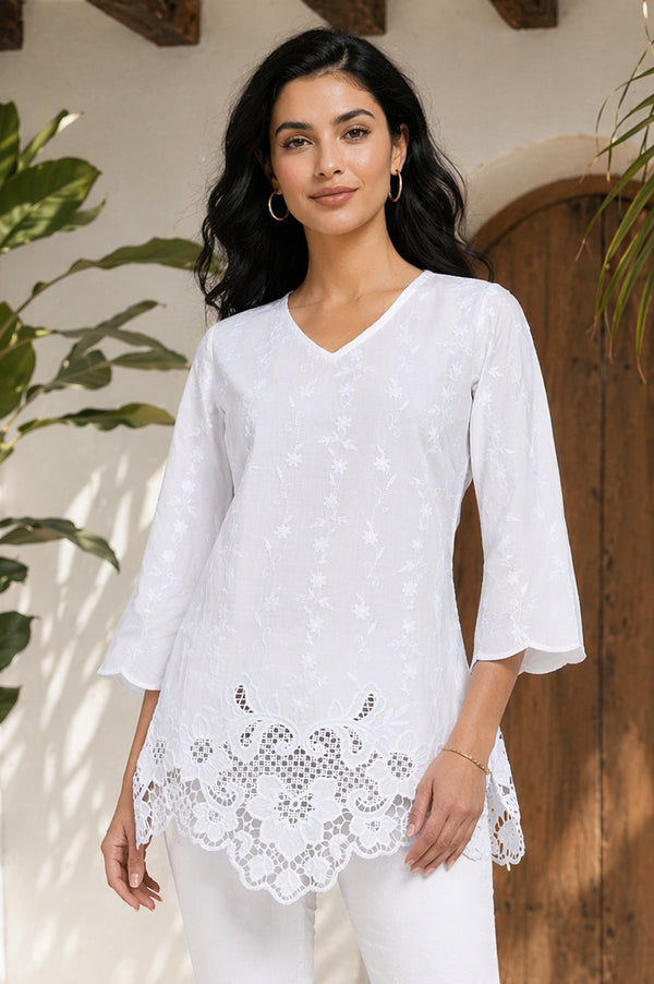 White Embroidered Pure Cotton Straight Kurti