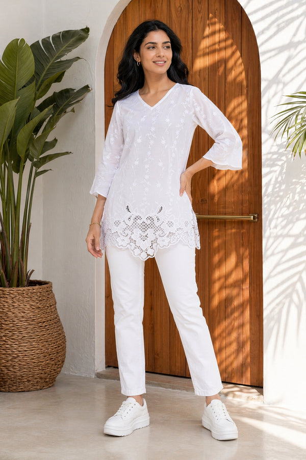 White Embroidered Pure Cotton Straight Kurti
