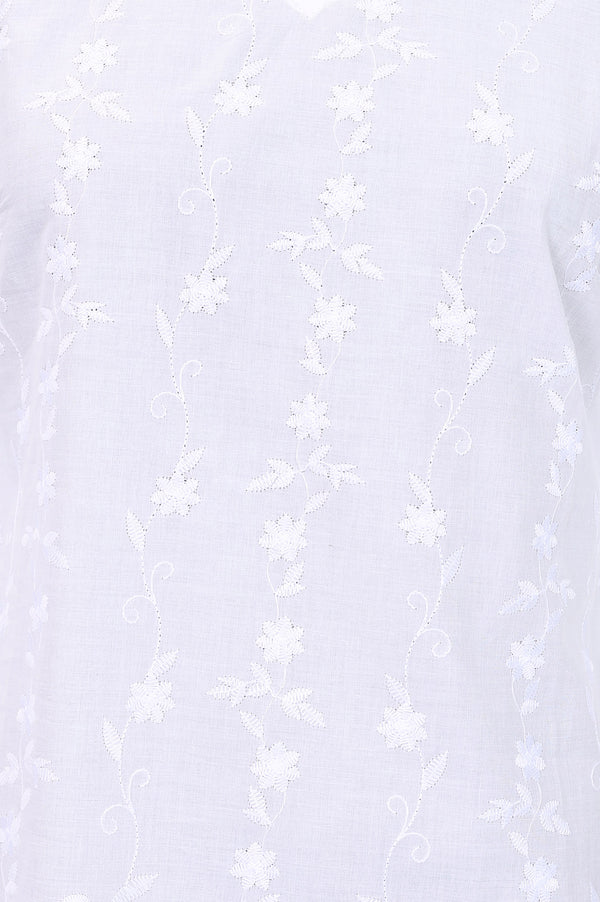 White Embroidered Pure Cotton Straight Kurti