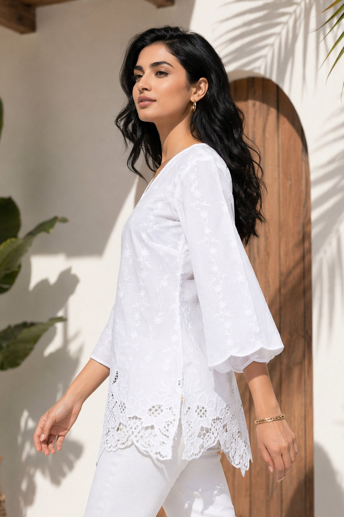 White Embroidered Pure Cotton Straight Kurti