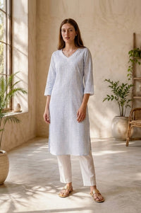 Blue Floral Printed Pure Cotton Straight Kurta