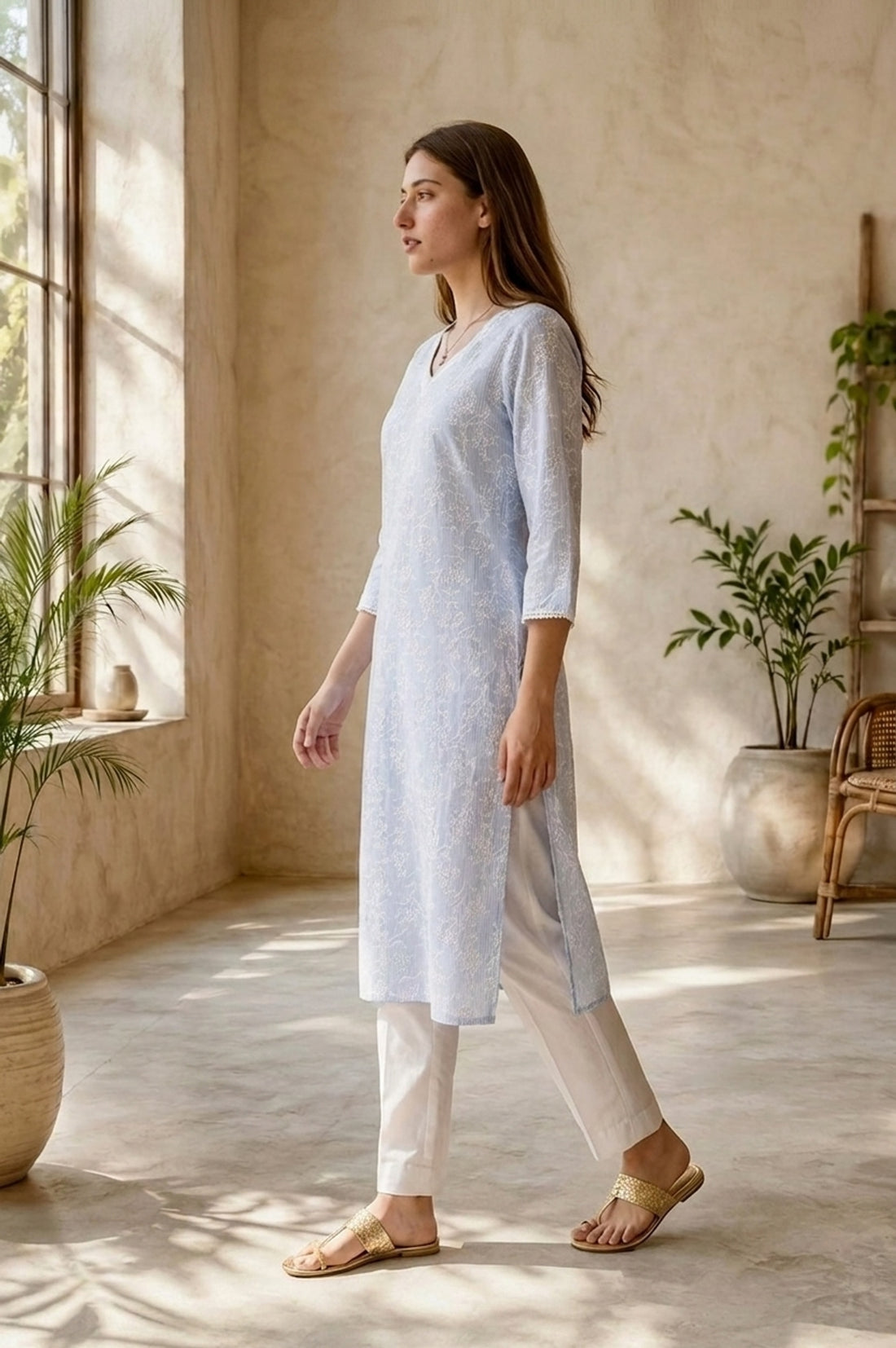 Blue Floral Printed Pure Cotton Straight Kurta
