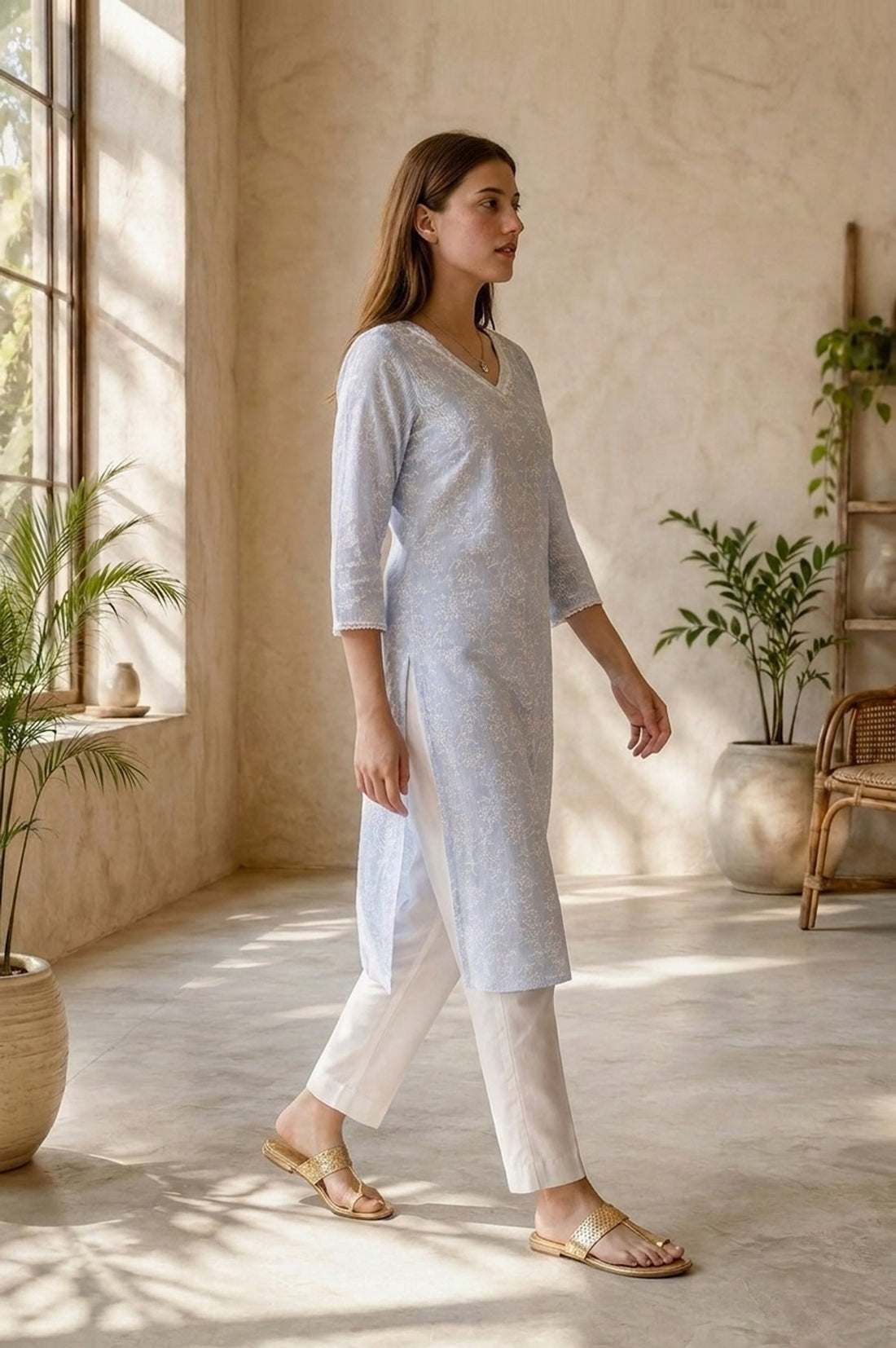 Blue Floral Printed Pure Cotton Straight Kurta