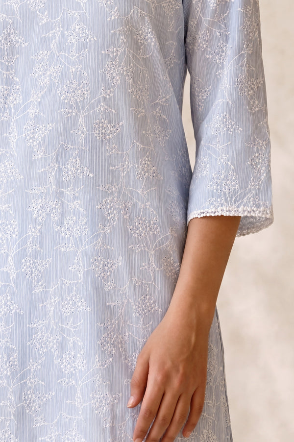 Blue Floral Printed Pure Cotton Straight Kurta