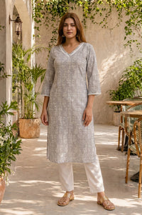 Grey Floral Printed Pure Cotton Straight Kurta