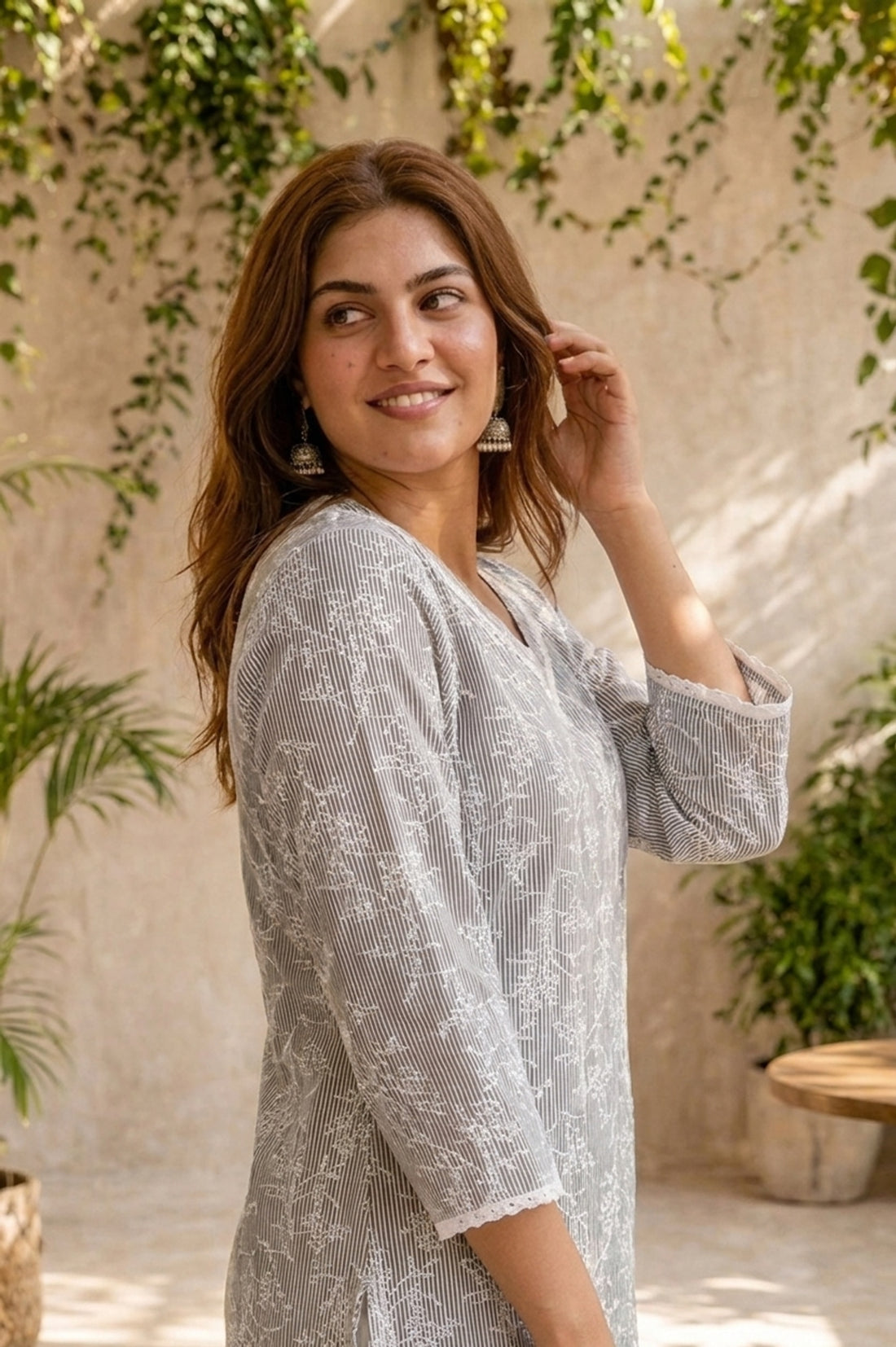 Grey Floral Printed Pure Cotton Straight Kurta